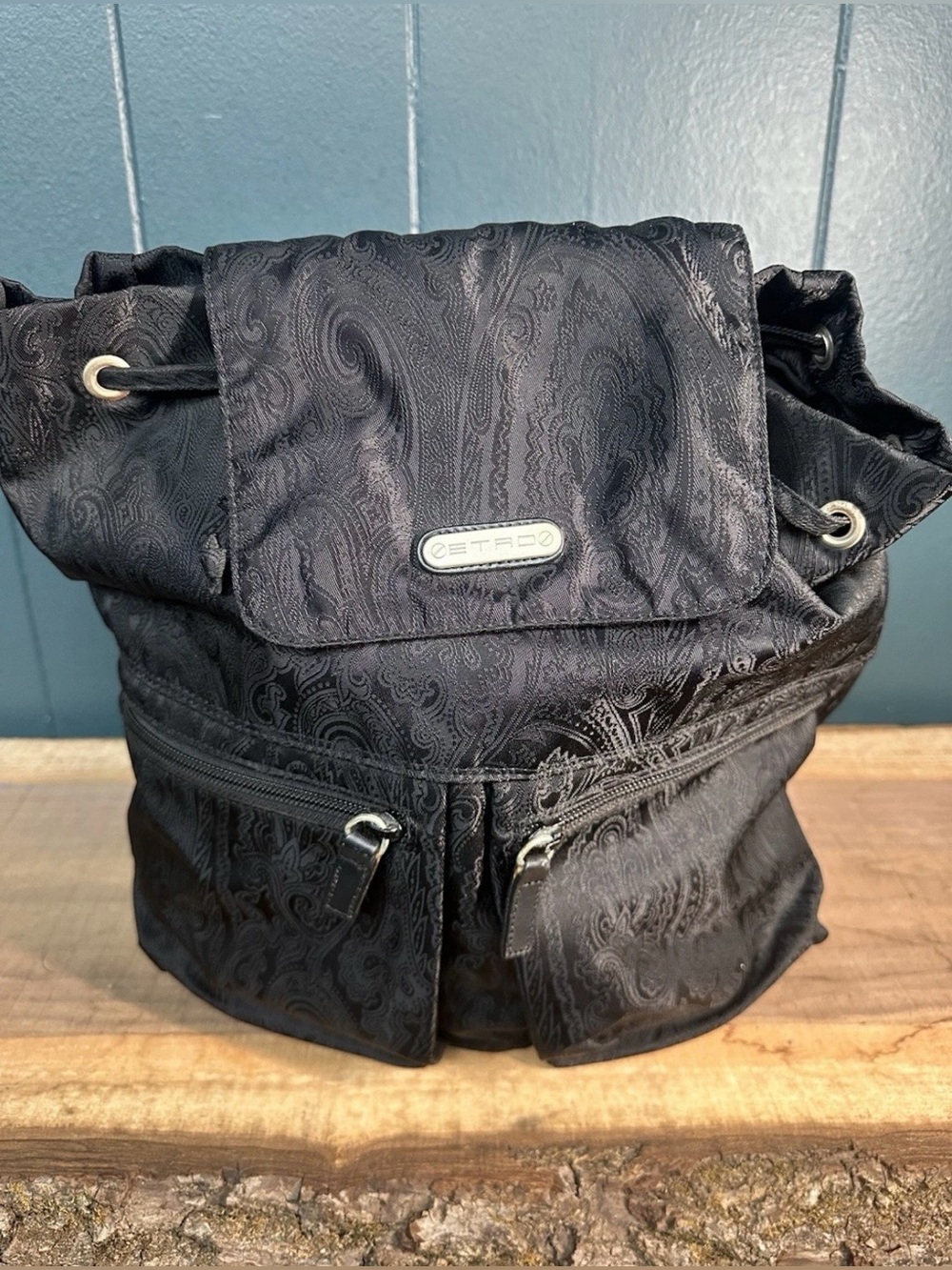 ETRO Milano Paisley Jacquard Backpack Black Drawstring Italy check description
